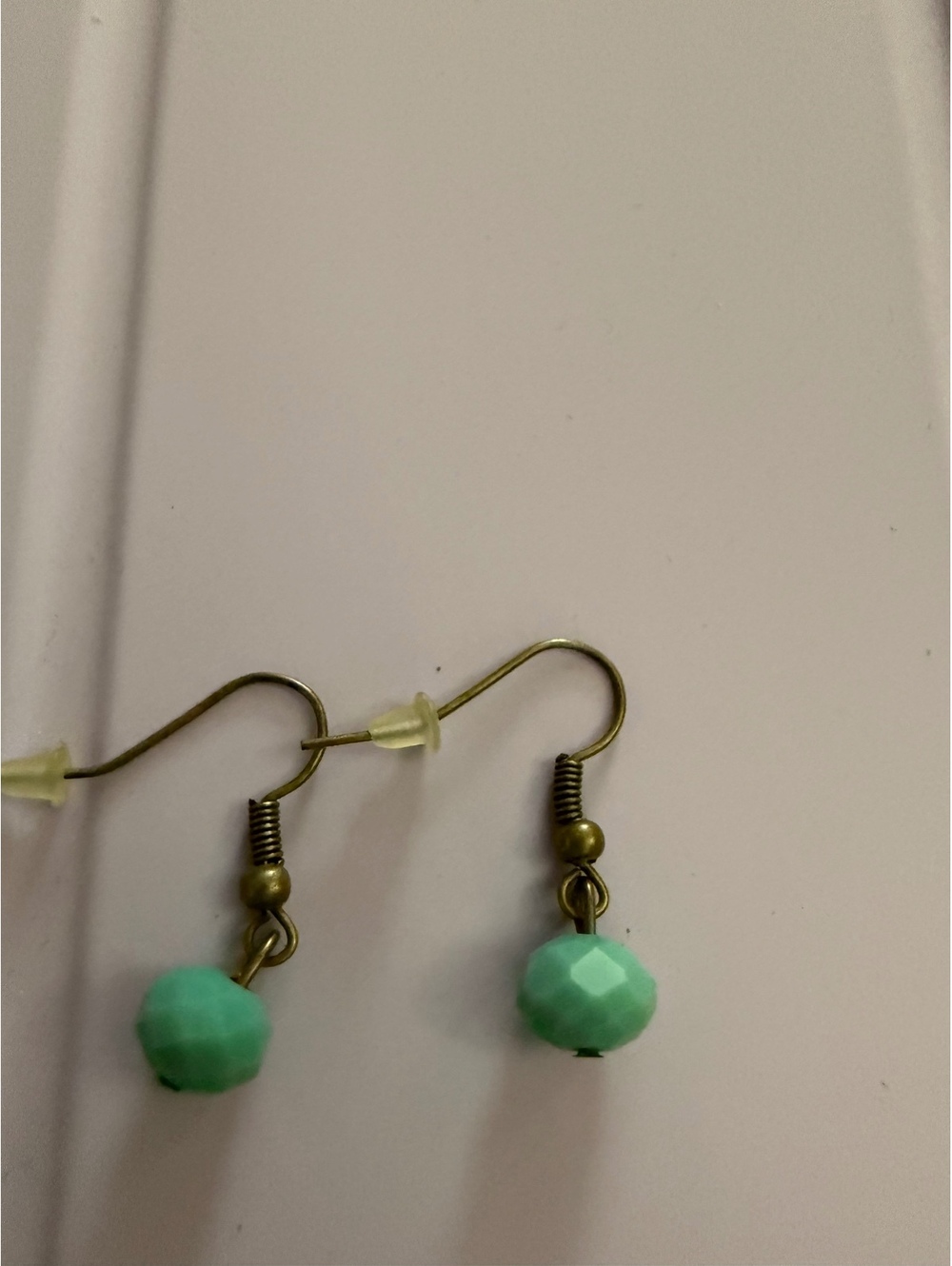 Antique simple fishhook brass drop earrings mint green
